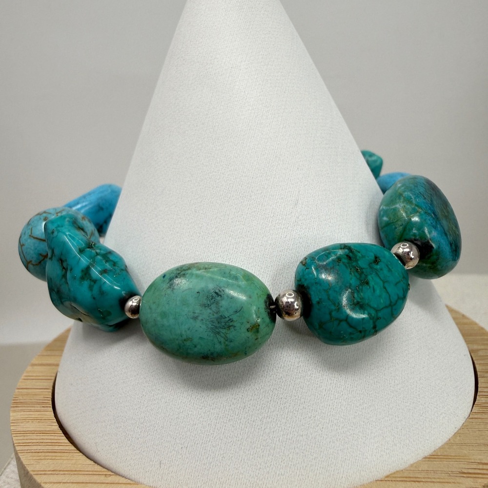 Chunky Turquoise Beaded Bracelet Sterling Silver Clasp Southwestern Boho